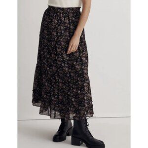 MADEWELL Crinkle Georgette Tiered Maxi Skirt Blurred Blooms Dark Romantic Fairy